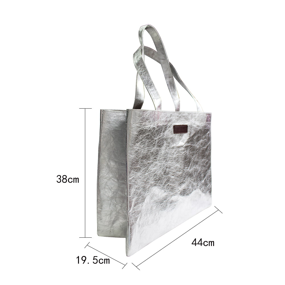 4398 Gray Metallic Laminated Leather Shopper Tote Bag