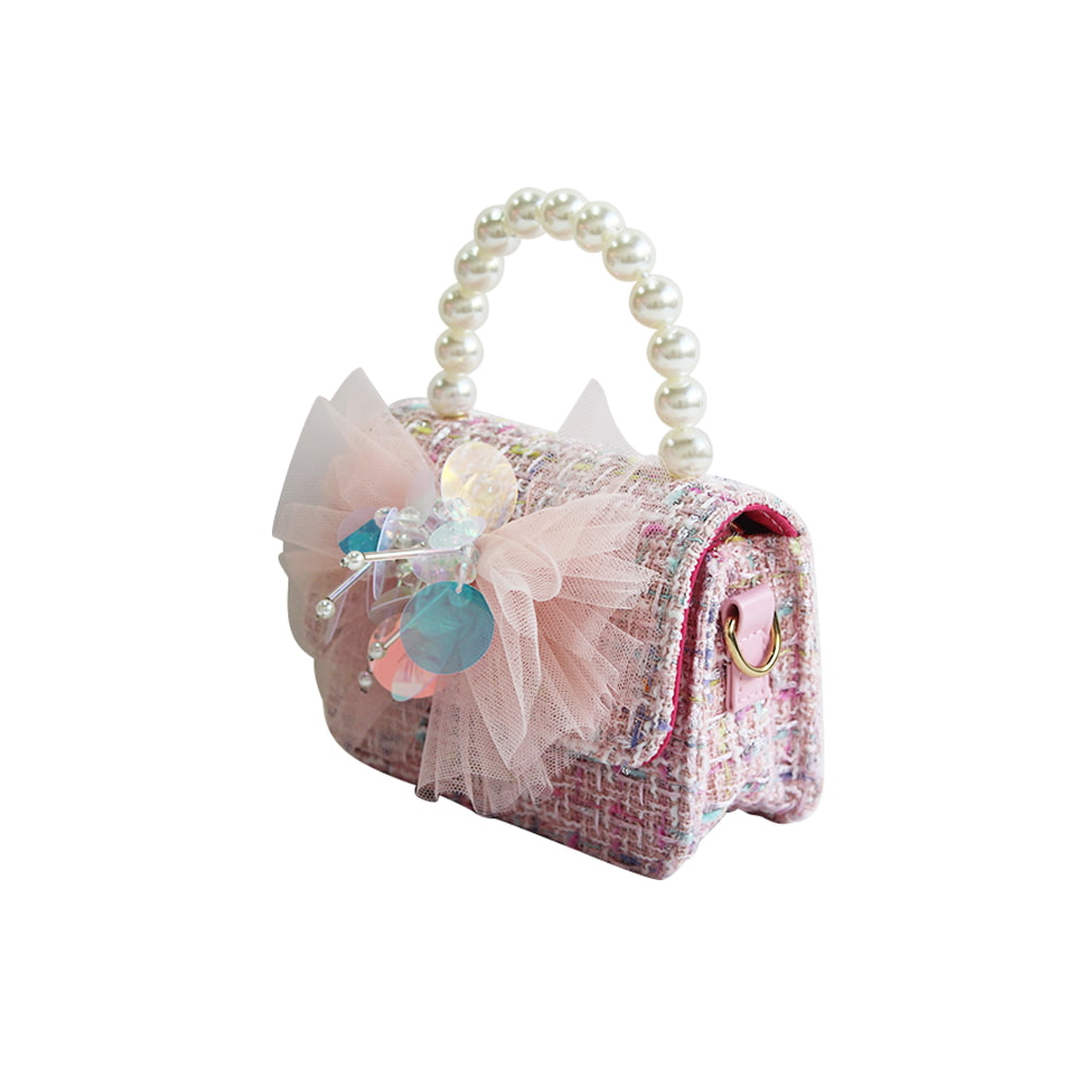 4105 Mesh Bowknot Tweed Girl Princess Pearl Handbag