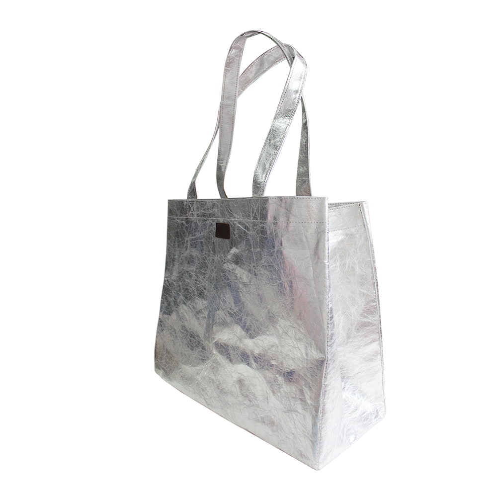 4398 Gray Metallic Laminated Leather Shopper Tote Bag