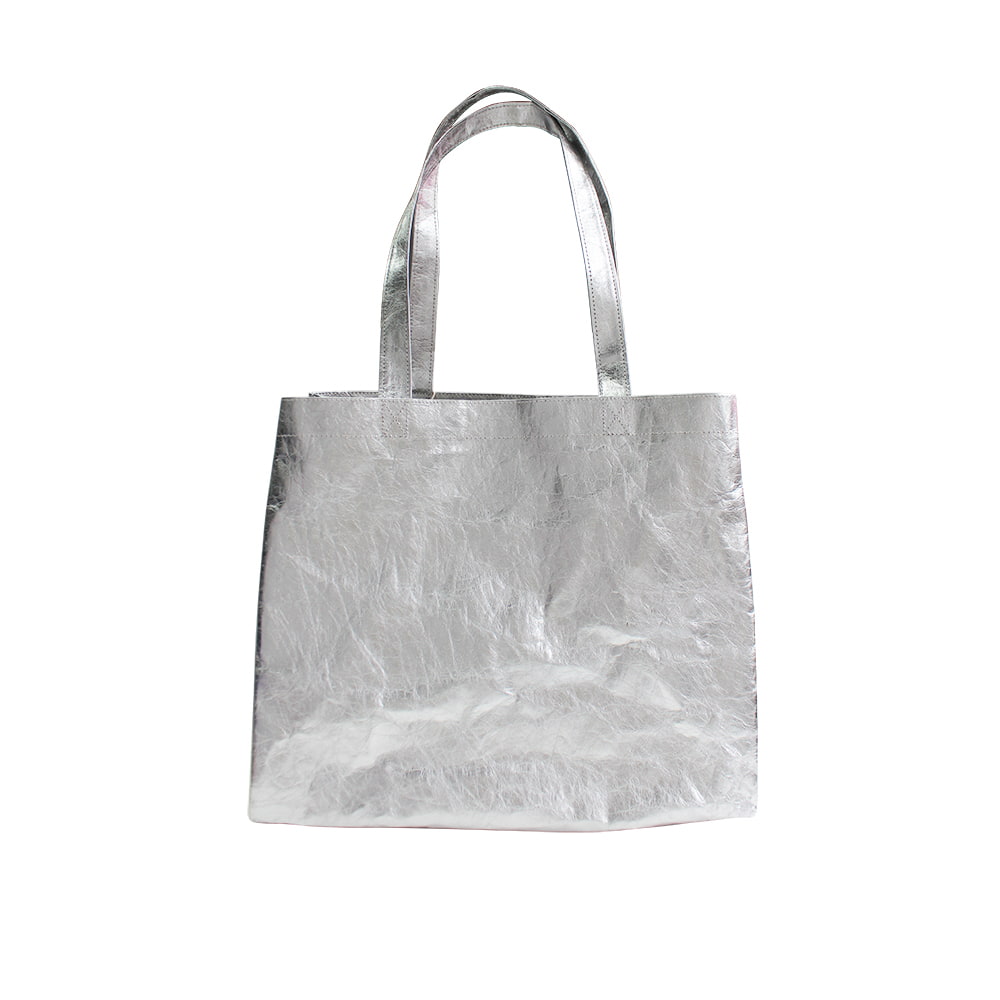 4398 Gray Metallic Laminated Leather Shopper Tote Bag
