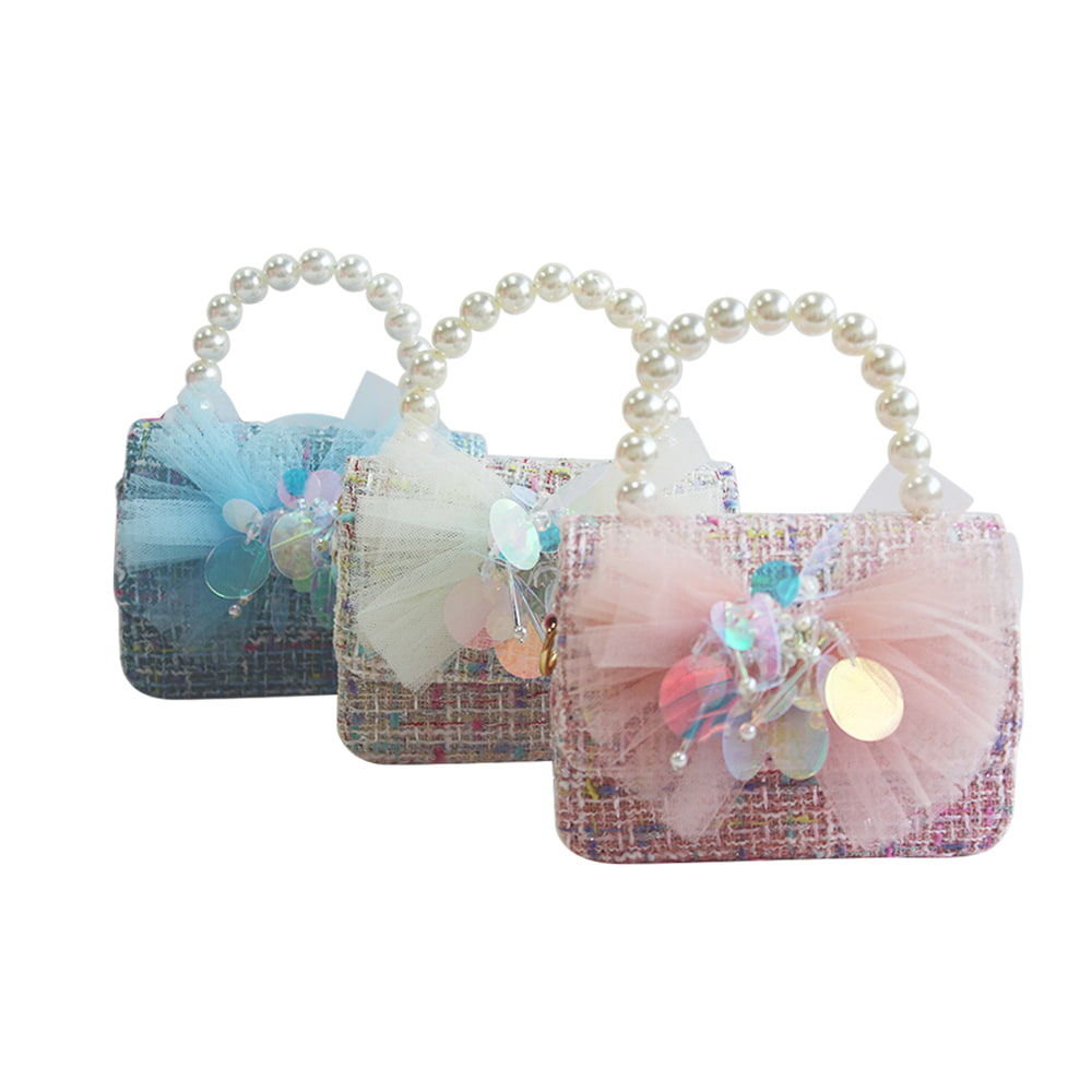 4105 Mesh Bowknot Tweed Girl Princess Pearl Handbag