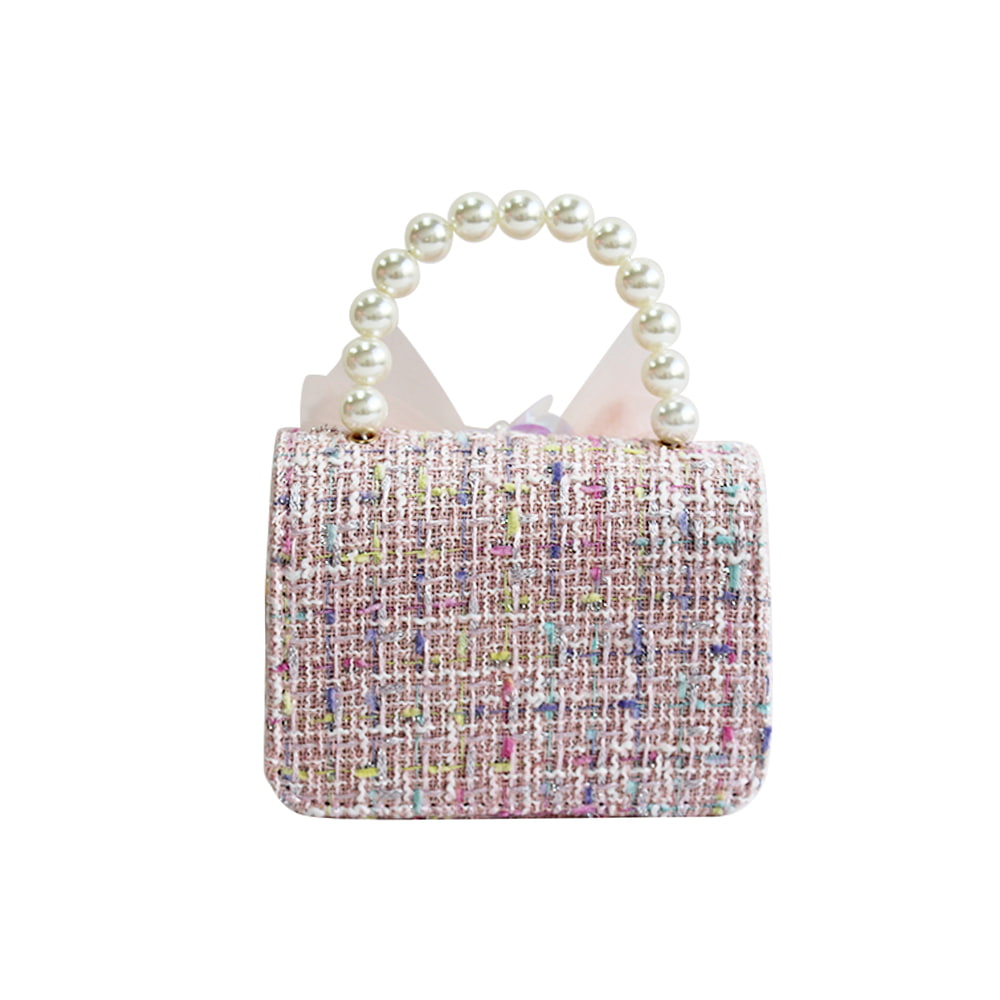 4105 Mesh Bowknot Tweed Girl Princess Pearl Handbag