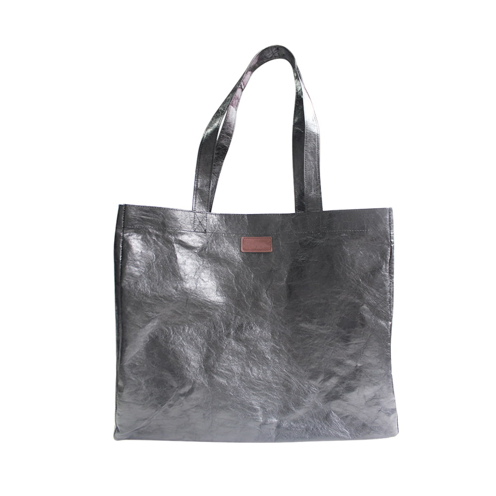 4398 Gray Metallic Laminated Leather Shopper Tote Bag