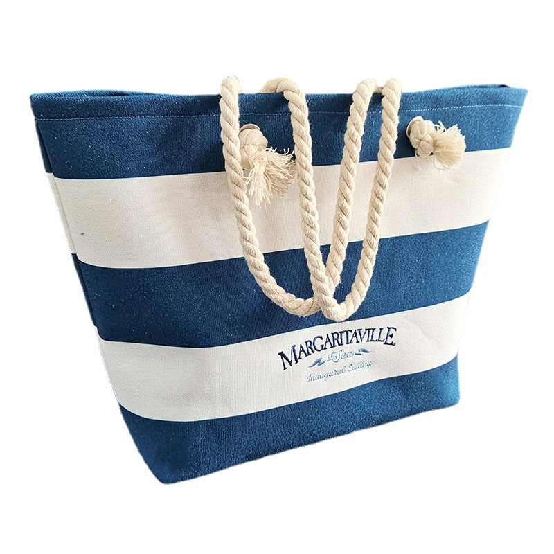 BD-GM34 Large Navy Blue Stripe Casual Canvas Beach Bag