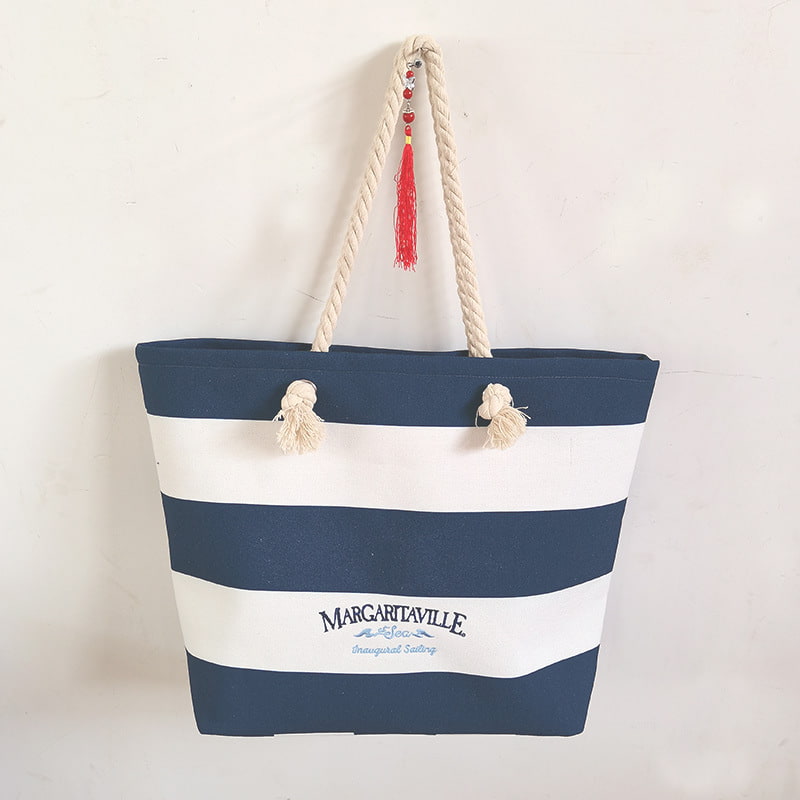 BD-GM34 Large Navy Blue Stripe Casual Canvas Beach Bag